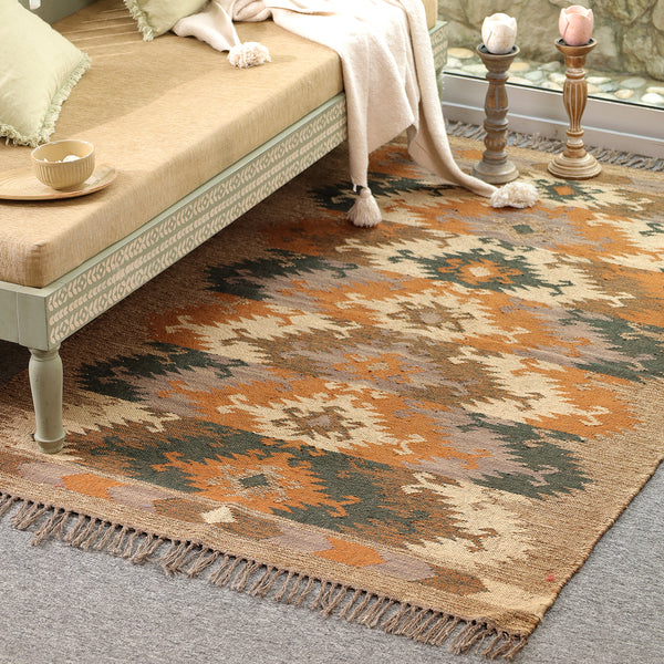 Handwoven Vintage Boho Area Rug - Rustic Tribal Geometric Rug Earth Tone Wool Carpet with Fringe