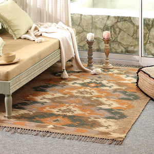 Handwoven Vintage Boho Area Rug - Rustic Tribal Geometric Rug Earth Tone Wool Carpet with Fringe