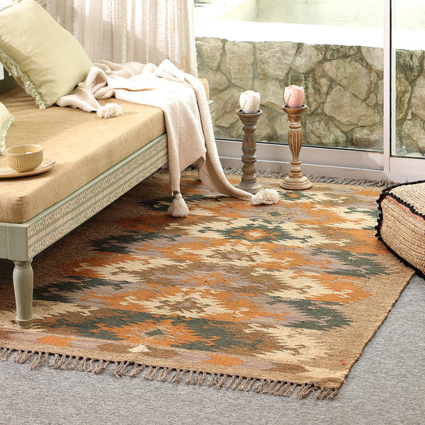 Handwoven Vintage Boho Area Rug - Rustic Tribal Geometric Rug Earth Tone Wool Carpet with Fringe
