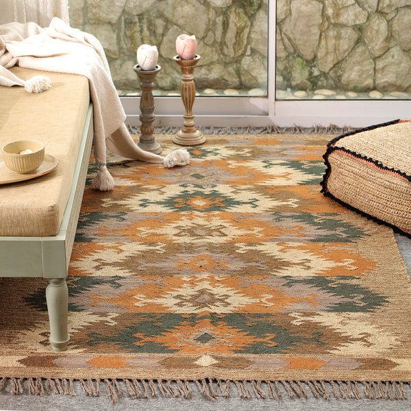 Handwoven Vintage Boho Area Rug - Rustic Tribal Geometric Rug Earth Tone Wool Carpet with Fringe