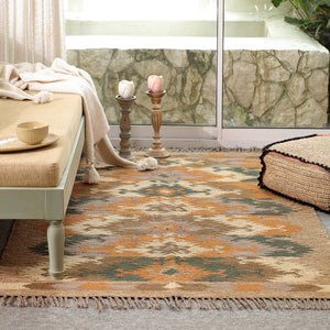 Handwoven Vintage Boho Area Rug - Rustic Tribal Geometric Rug Earth Tone Wool Carpet with Fringe