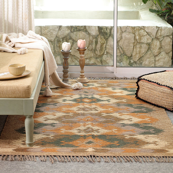 Handwoven Vintage Boho Area Rug - Rustic Tribal Geometric Rug Earth Tone Wool Carpet with Fringe