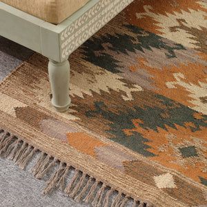Handwoven Vintage Boho Area Rug - Rustic Tribal Geometric Rug Earth Tone Wool Carpet with Fringe