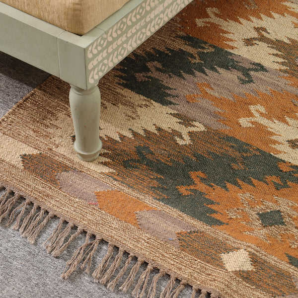 Handwoven Vintage Boho Area Rug - Rustic Tribal Geometric Rug Earth Tone Wool Carpet with Fringe