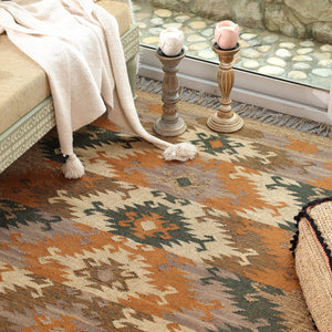Handwoven Vintage Boho Area Rug - Rustic Tribal Geometric Rug Earth Tone Wool Carpet with Fringe