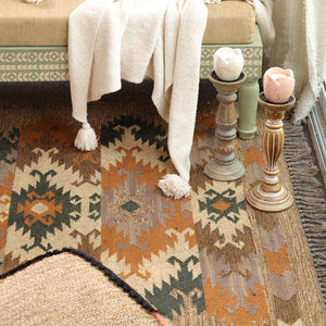 Handwoven Vintage Boho Area Rug - Rustic Tribal Geometric Rug Earth Tone Wool Carpet with Fringe
