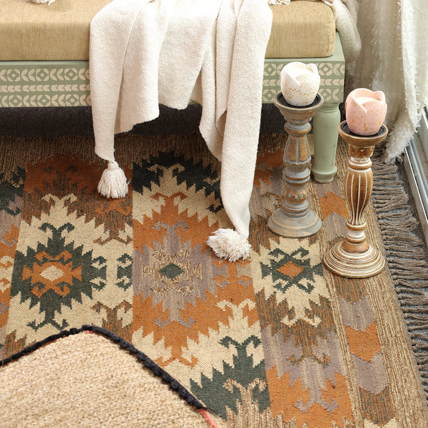 Handwoven Vintage Boho Area Rug - Rustic Tribal Geometric Rug Earth Tone Wool Carpet with Fringe
