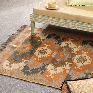 Handwoven Vintage Boho Area Rug - Rustic Tribal Geometric Rug Earth Tone Wool Carpet with Fringe
