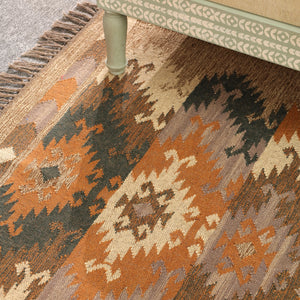 Handwoven Vintage Boho Area Rug - Rustic Tribal Geometric Rug Earth Tone Wool Carpet with Fringe