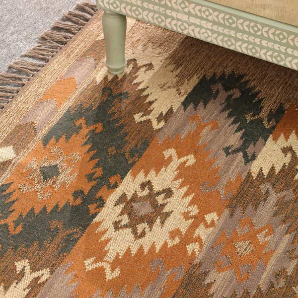 Handwoven Vintage Boho Area Rug - Rustic Tribal Geometric Rug Earth Tone Wool Carpet with Fringe