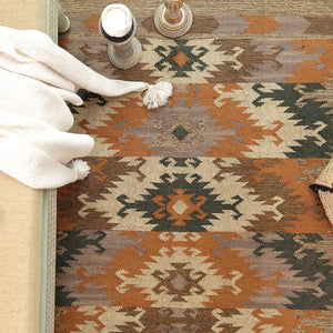 Handwoven Vintage Boho Area Rug - Rustic Tribal Geometric Rug Earth Tone Wool Carpet with Fringe