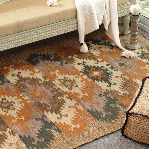 Handwoven Vintage Boho Area Rug - Rustic Tribal Geometric Rug Earth Tone Wool Carpet with Fringe