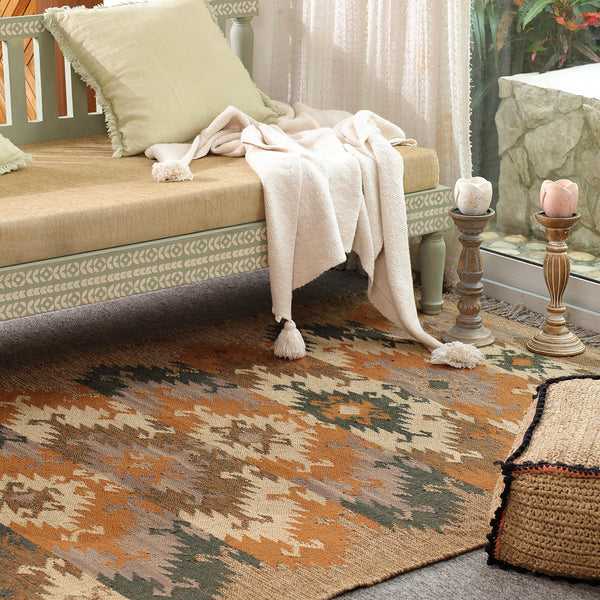 Handwoven Vintage Boho Area Rug - Rustic Tribal Geometric Rug Earth Tone Wool Carpet with Fringe
