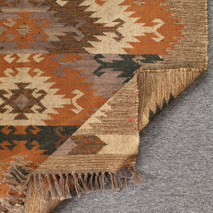 Handwoven Vintage Boho Area Rug - Rustic Tribal Geometric Rug Earth Tone Wool Carpet with Fringe