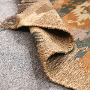 Handwoven Vintage Boho Area Rug - Rustic Tribal Geometric Rug Earth Tone Wool Carpet with Fringe
