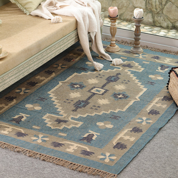Handwoven Blue Kilim Area Rug - Handmade Boho Tribal Geometric Rug Vintage Southwestern Style