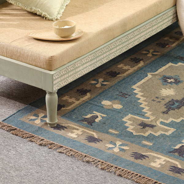 Handwoven Blue Kilim Area Rug - Handmade Boho Tribal Geometric Rug Vintage Southwestern Style