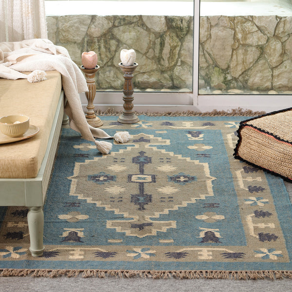 Handwoven Blue Kilim Area Rug - Handmade Boho Tribal Geometric Rug Vintage Southwestern Style