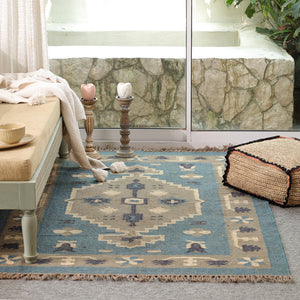 Handwoven Blue Kilim Area Rug - Handmade Boho Tribal Geometric Rug Vintage Southwestern Style
