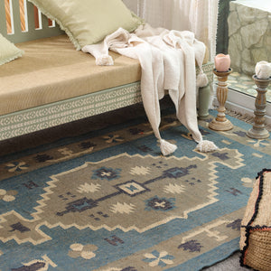 Handwoven Blue Kilim Area Rug - Handmade Boho Tribal Geometric Rug Vintage Southwestern Style