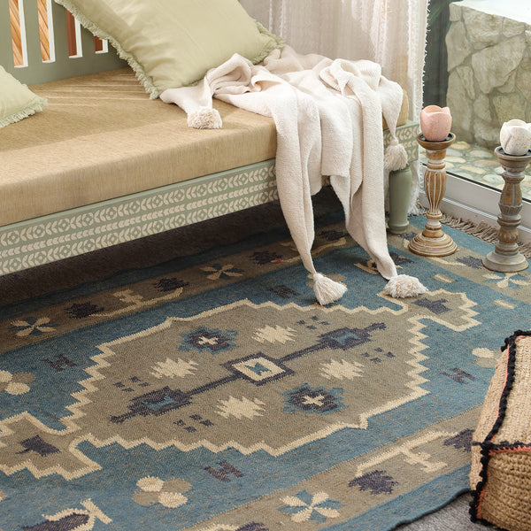 Handwoven Blue Kilim Area Rug - Handmade Boho Tribal Geometric Rug Vintage Southwestern Style