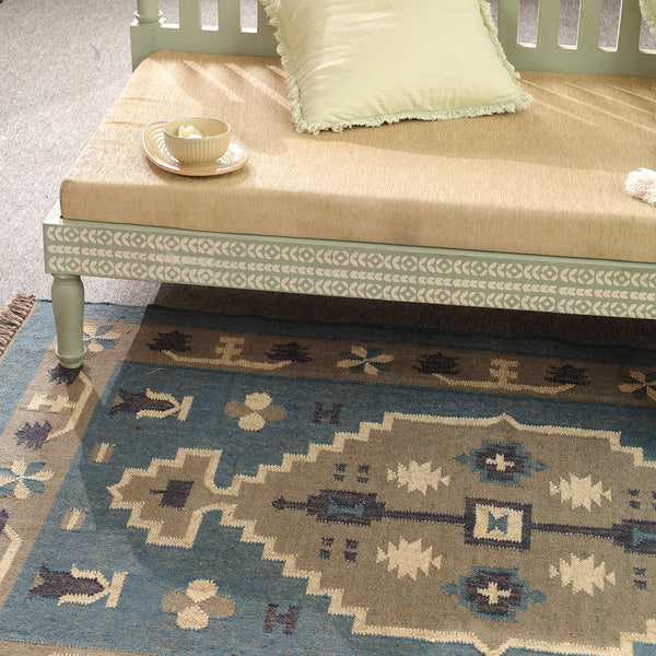 Handwoven Blue Kilim Area Rug - Handmade Boho Tribal Geometric Rug Vintage Southwestern Style