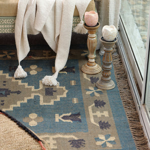 Handwoven Blue Kilim Area Rug - Handmade Boho Tribal Geometric Rug Vintage Southwestern Style