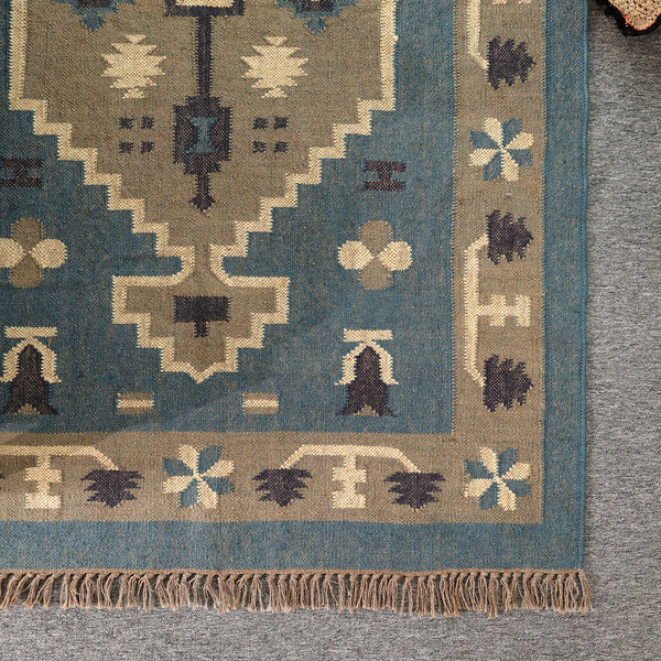 Handwoven Blue Kilim Area Rug - Handmade Boho Tribal Geometric Rug Vintage Southwestern Style
