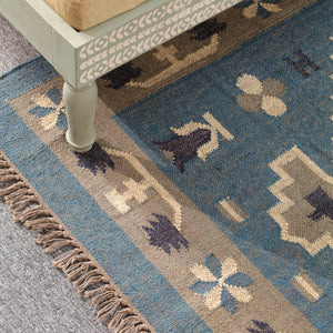 Handwoven Blue Kilim Area Rug - Handmade Boho Tribal Geometric Rug Vintage Southwestern Style