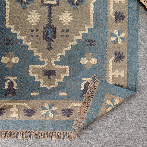 Handwoven Blue Kilim Area Rug - Handmade Boho Tribal Geometric Rug Vintage Southwestern Style
