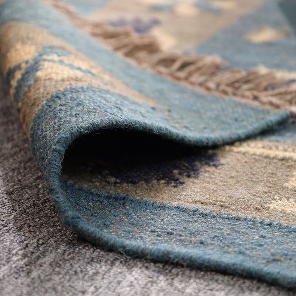Handwoven Blue Kilim Area Rug - Handmade Boho Tribal Geometric Rug Vintage Southwestern Style