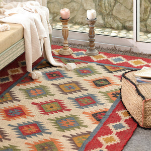 Handwoven Multicolor Kilim Area Rug | Bohemian Tribal Flatweave Rug with Geometric Pattern