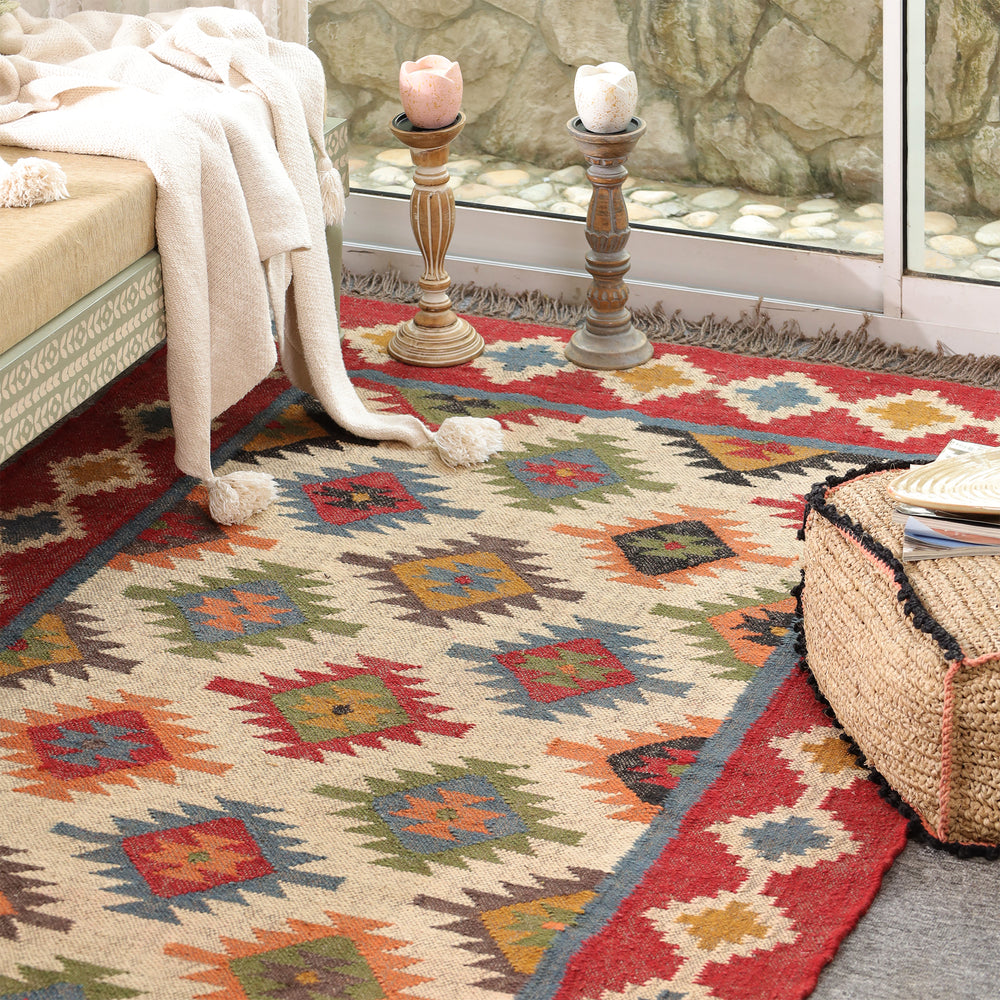 Handmade Wool Jute Kilim Rug Red Colorful Geometric  Flatweave Area Rug Bohemian Southwestern Tribal Vintage