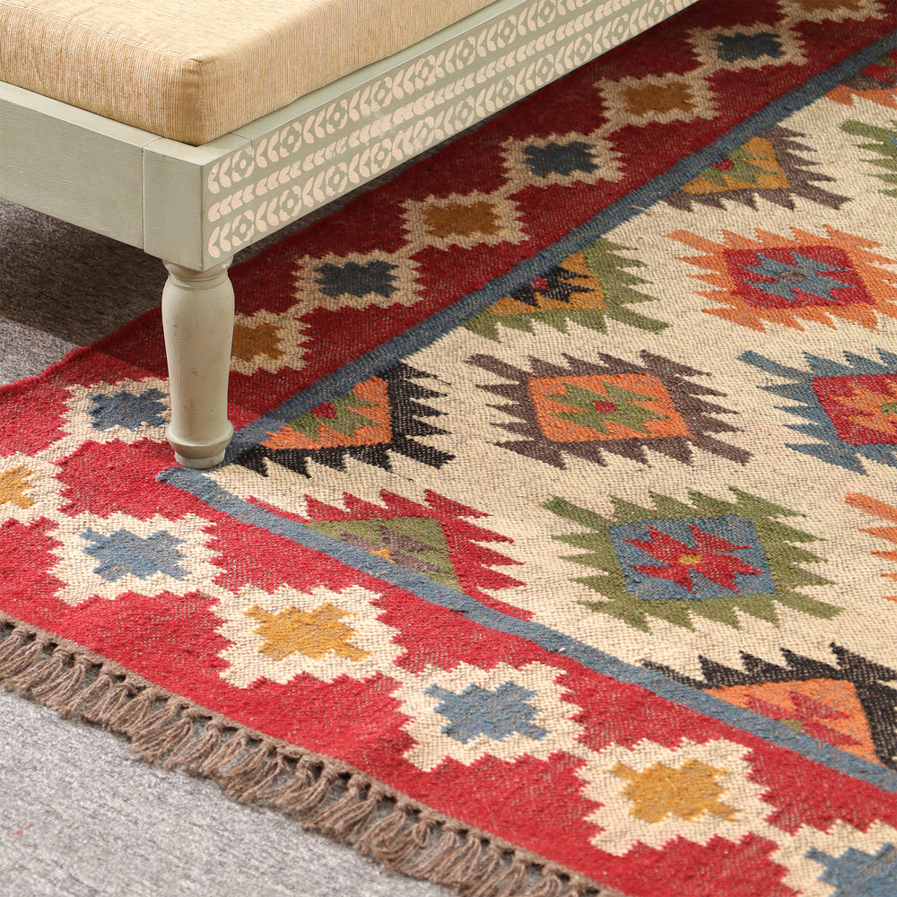 Handmade Wool Jute Kilim Rug Red Colorful Geometric  Flatweave Area Rug Bohemian Southwestern Tribal Vintage