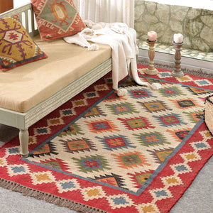 Handwoven Multicolor Kilim Area Rug | Bohemian Tribal Flatweave Rug with Geometric Pattern