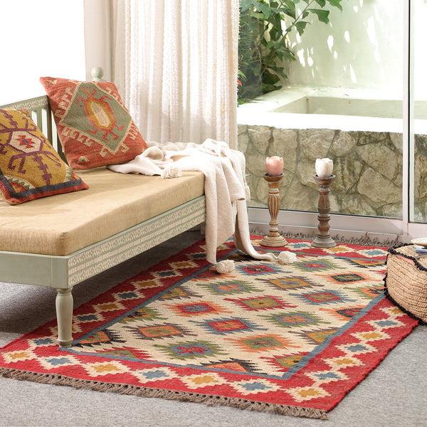 Handwoven Multicolor Kilim Area Rug | Bohemian Tribal Flatweave Rug with Geometric Pattern