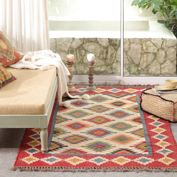 Handwoven Multicolor Kilim Area Rug | Bohemian Tribal Flatweave Rug with Geometric Pattern