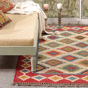 Handwoven Multicolor Kilim Area Rug | Bohemian Tribal Flatweave Rug with Geometric Pattern