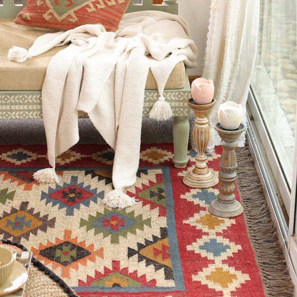 Handwoven Multicolor Kilim Area Rug | Bohemian Tribal Flatweave Rug with Geometric Pattern