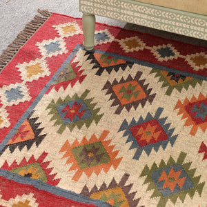 Handwoven Multicolor Kilim Area Rug | Bohemian Tribal Flatweave Rug with Geometric Pattern