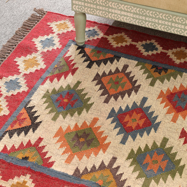 Handwoven Multicolor Kilim Area Rug | Bohemian Tribal Flatweave Rug with Geometric Pattern