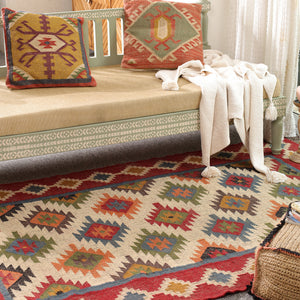 Handwoven Multicolor Kilim Area Rug | Bohemian Tribal Flatweave Rug with Geometric Pattern