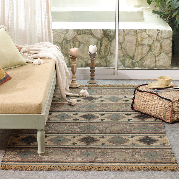 Rustic Geometric Bohemian Flatweave Area Rug - Earth Tone Southwest Tribal Accent Mat