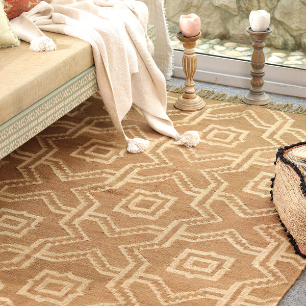 Handwoven Geometric Wool & Jute Flatweave Area Rug | Modern Boho Handmade Carpet for Living Room & Bedroom