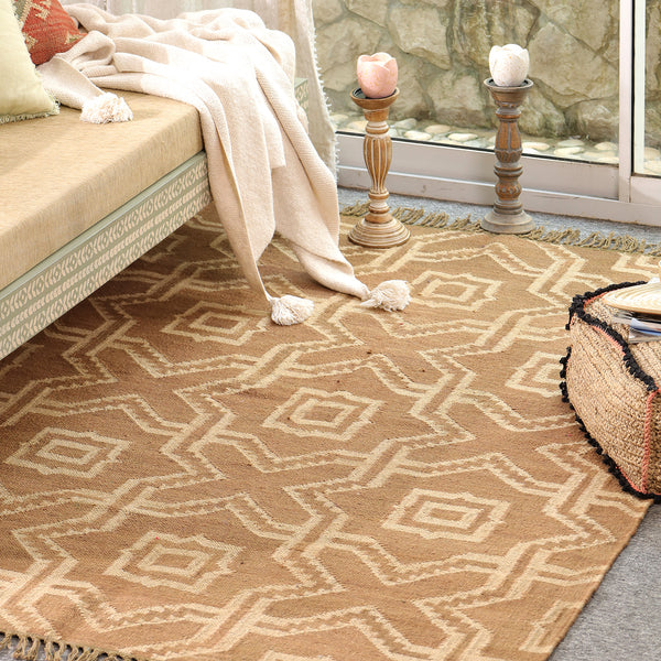 Handwoven Geometric Wool & Jute Flatweave Area Rug | Modern Boho Handmade Carpet for Living Room & Bedroom