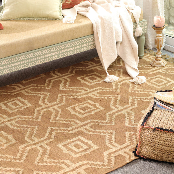 Handwoven Geometric Wool & Jute Flatweave Area Rug | Modern Boho Handmade Carpet for Living Room & Bedroom