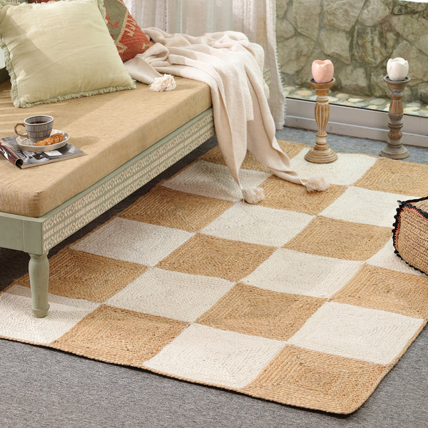 Handwoven Checkered Wool & Jute Area Rug | Modern Checkerboard Flatweave Rug | Handmade Natural Fiber Carpet