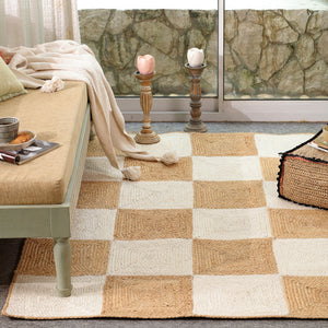 Handwoven Checkered Wool & Jute Area Rug | Modern Checkerboard Flatweave Rug | Handmade Natural Fiber Carpet