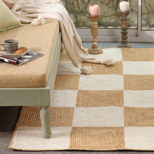 Handwoven Checkered Wool & Jute Area Rug | Modern Checkerboard Flatweave Rug | Handmade Natural Fiber Carpet