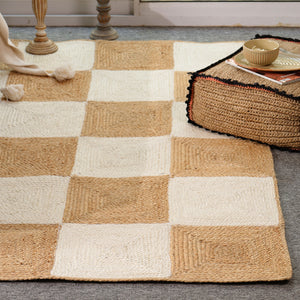 Handwoven Checkered Wool & Jute Area Rug | Modern Checkerboard Flatweave Rug | Handmade Natural Fiber Carpet